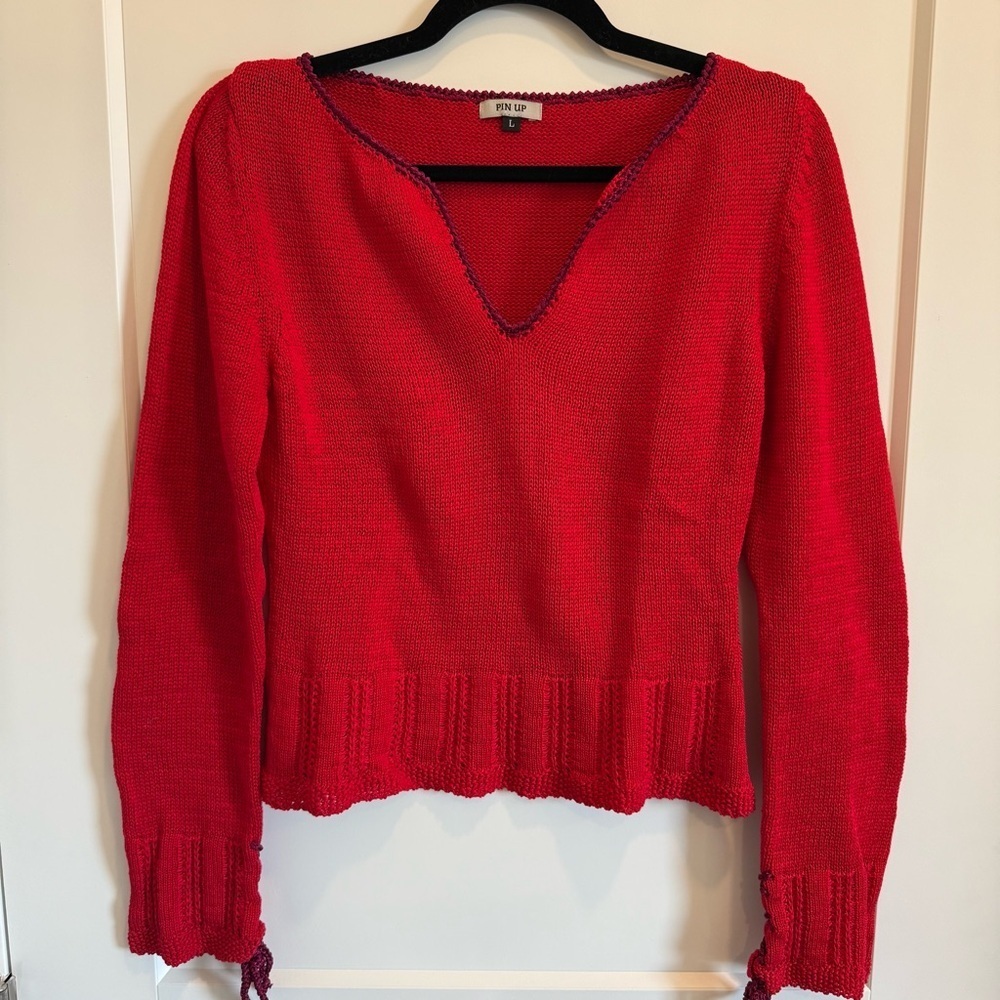 Pin Up Red V Neck Knit Pullover Sweater Size Large